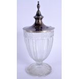 A STERLING SILVER MOUNTED CUT GLASS JAR. 27 cm high.