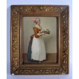 AN ANTIQUE GERMAN PORCELAIN PLAQUE Attributed to KPM, painted with a female carrying tea. Porcelain