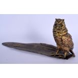 A CONTEMPORARY BRONZE OWL AND LEAF INKWELL. 30 cm wide.