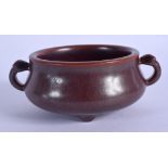 AN EARLY 20TH CENTURY CHINESE TWIN HANDLED STONEWARE CENSER bearing Qianlong marks to base, Late Qin