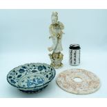 A Chinese Blue and white dragon bowl , a Bi disc cm and a blanc de chine figure of a woman.