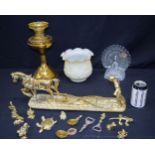 A collection of brass items including a horse and plough, oil lamp and a glass peacock etc. 46cm Qty