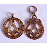 TWO 9CT GOLD MASONIC MEDALS. 8 grams. Largest 3.5 cm x 2 cm.
