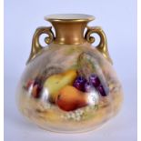 Royal Worcester two handled vase painted with fruit by Ricketts, signed date code for 1917. 8.5cm h