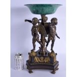 A GOOD LARGE MID 19TH CENTURY FRANCO RUSSIAN BRONZE AND MALACHITE CENTREPIECE formed as three winged