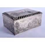 A LARGE 19TH CENTURY DUTCH RECTANGULAR SILVER BOX decorated with buildings. 1000 grams inc wood line
