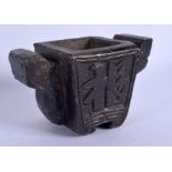 A CHINESE MING DYNASTY CARVED STONE TWIN HANDLED CENSER with archaic style handles. 13 cm x 8 cm.