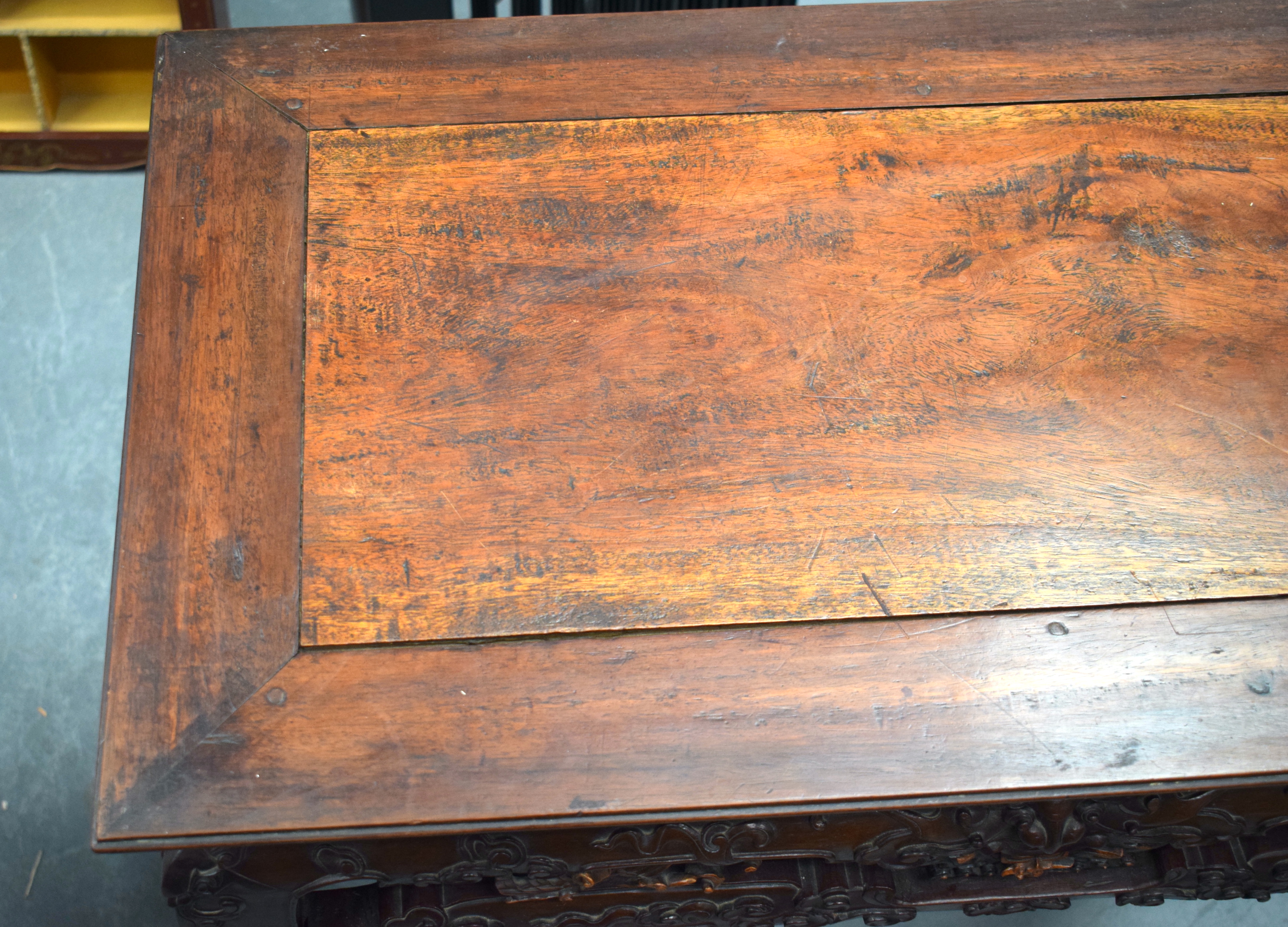 A FINE 19TH CENTURY CHINESE CARVED HONGMU HARDWOOD TABLE Qing, carved with mask heads and extensive - Image 4 of 8