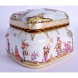 A LOVELY 19TH CENTURY MEISSEN PORCELAIN BOX AND COVER decorated in relief with Oriental figures in v