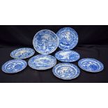 An 18th Century bowl depicting European scenes together with blue and white plates spode etc 26 x