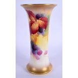 Royal Worcester trumpet shaped spill vase painted with autumnal leaves and berries by Kitty Blake, s
