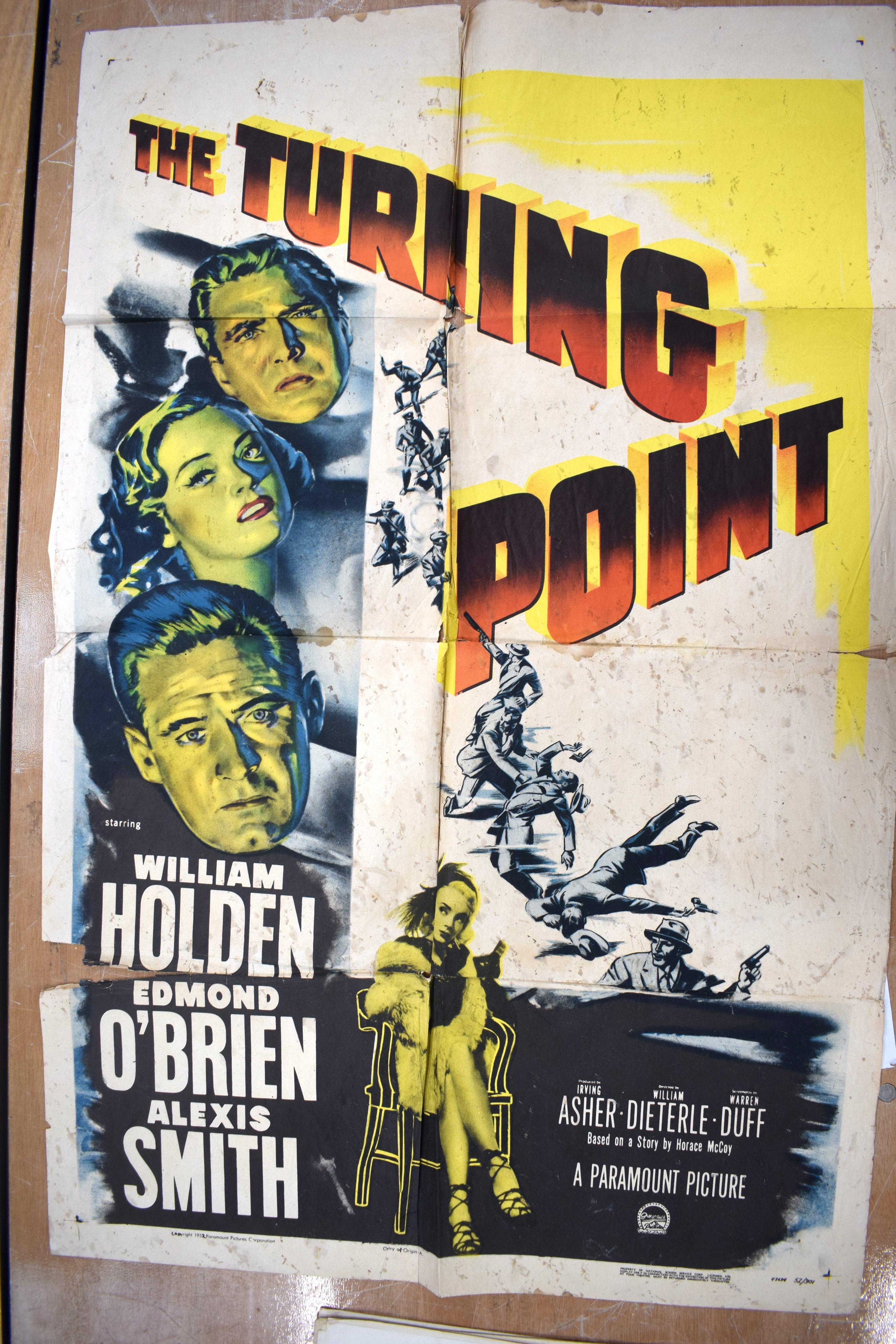 THE TURNING POINT movie poster, 1952, horizontal and vertical folds, torn at folds, stained, 105 cm