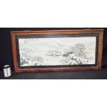 A Framed Chinese porcelain panel decorated with a snowy landscape 102 x 48 cm.