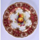 Royal Worcester plate with fruit and berries by Albert Shuck, signed, under a raise gold and crimson