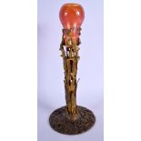 AN ART NOUVEAU GILT BRONZE AND IRIDESCENT TIFFANY STYLE VASE. 31 cm high.