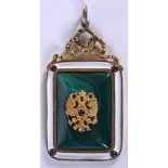 A CONTINENTAL SILVER ENAMEL AND MALACHITE PENDANT. 32 grams. 6.5 cm x 3.5 cm.