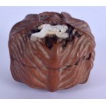 A JAPANESE CARVED WOOD BOX AND MOTHER OF PEARL BOX. 5.5 cm x 6 cm,