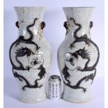 A LARGE PAIR OF 19TH CENTURY CHINESE CRACKLE GLAZED GE TYPE CRACKLED VASES Qing. 46 cm high.