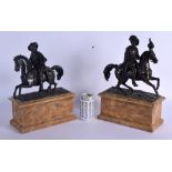 A LARGE 19TH CENTURY EUROPEAN BRONZE FIGURES OF CAVALIERS modelled upon imitation marble painted woo
