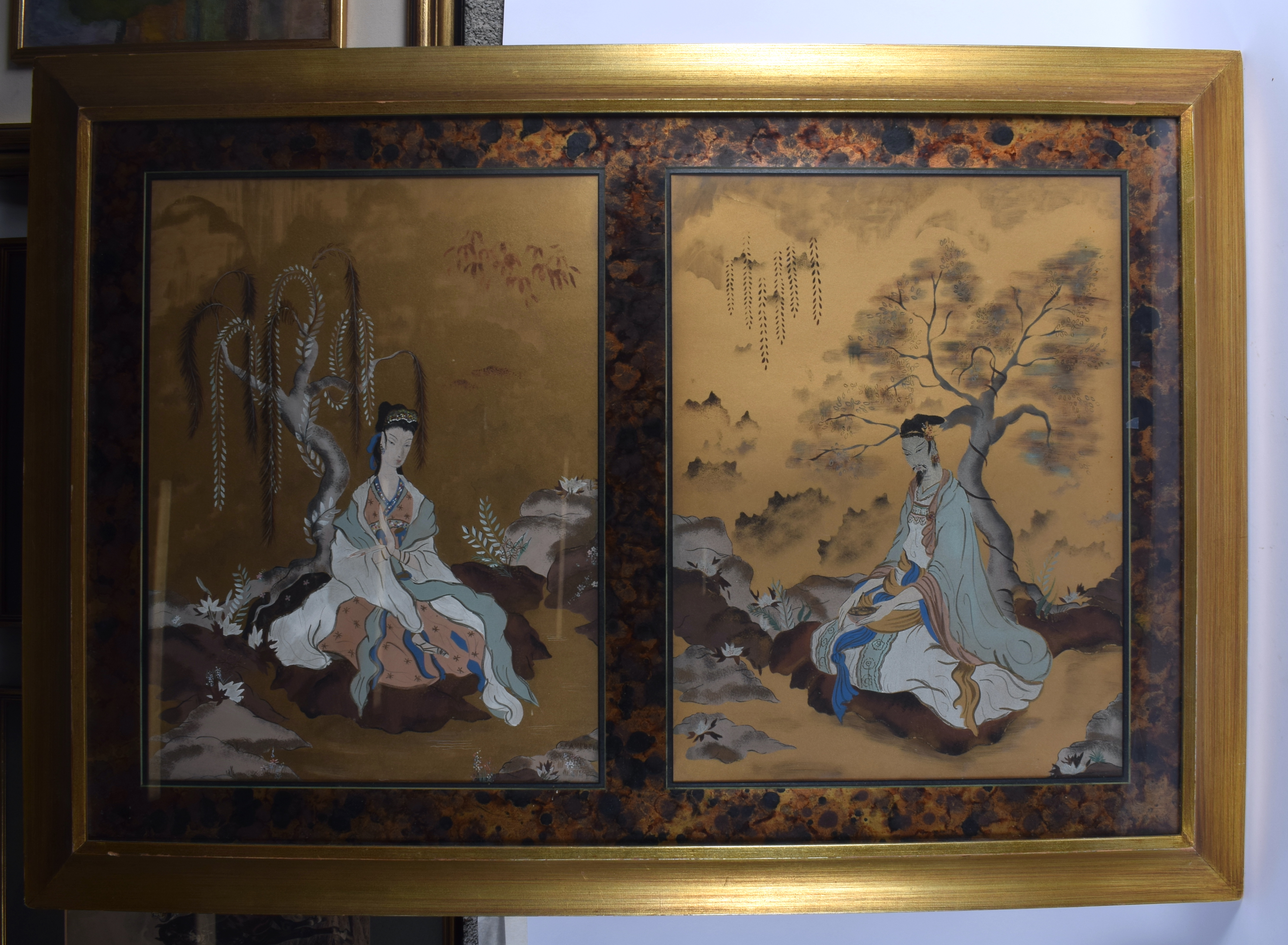 AN EARLY 20TH CENTURY CHINESE WATERCOLOUR depicting a geisha and another within landscape. Image 103