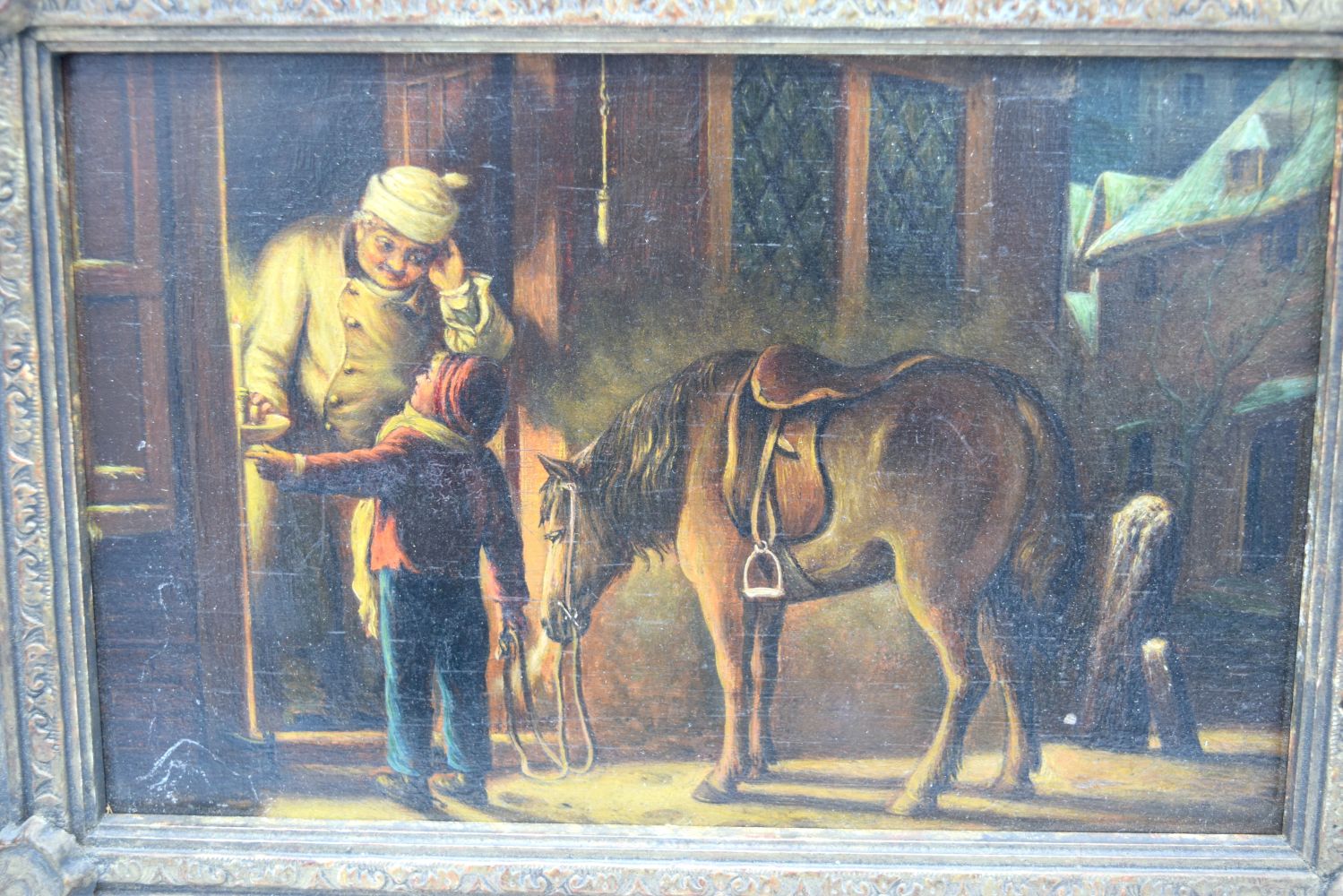 A small framed 19th century Dutch school oil on board depicting a child with a horse in a street sc - Bild 2 aus 3