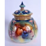 Royal Worcester pot pourri vase and cover moulded in coloured clays painted in Hadley style with red