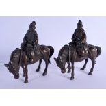 A PAIR OF 19TH CENTURY JAPANESE MEIJI PERIOD BRONZE CENSERS AND COVERS formed as figures upon horses
