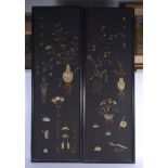 A LARGE PAIR OF 19TH CENTURY CHINESE JADE INLAID LACQUERED WALL PANELS Late Qing. 125 cm x 35 cm.