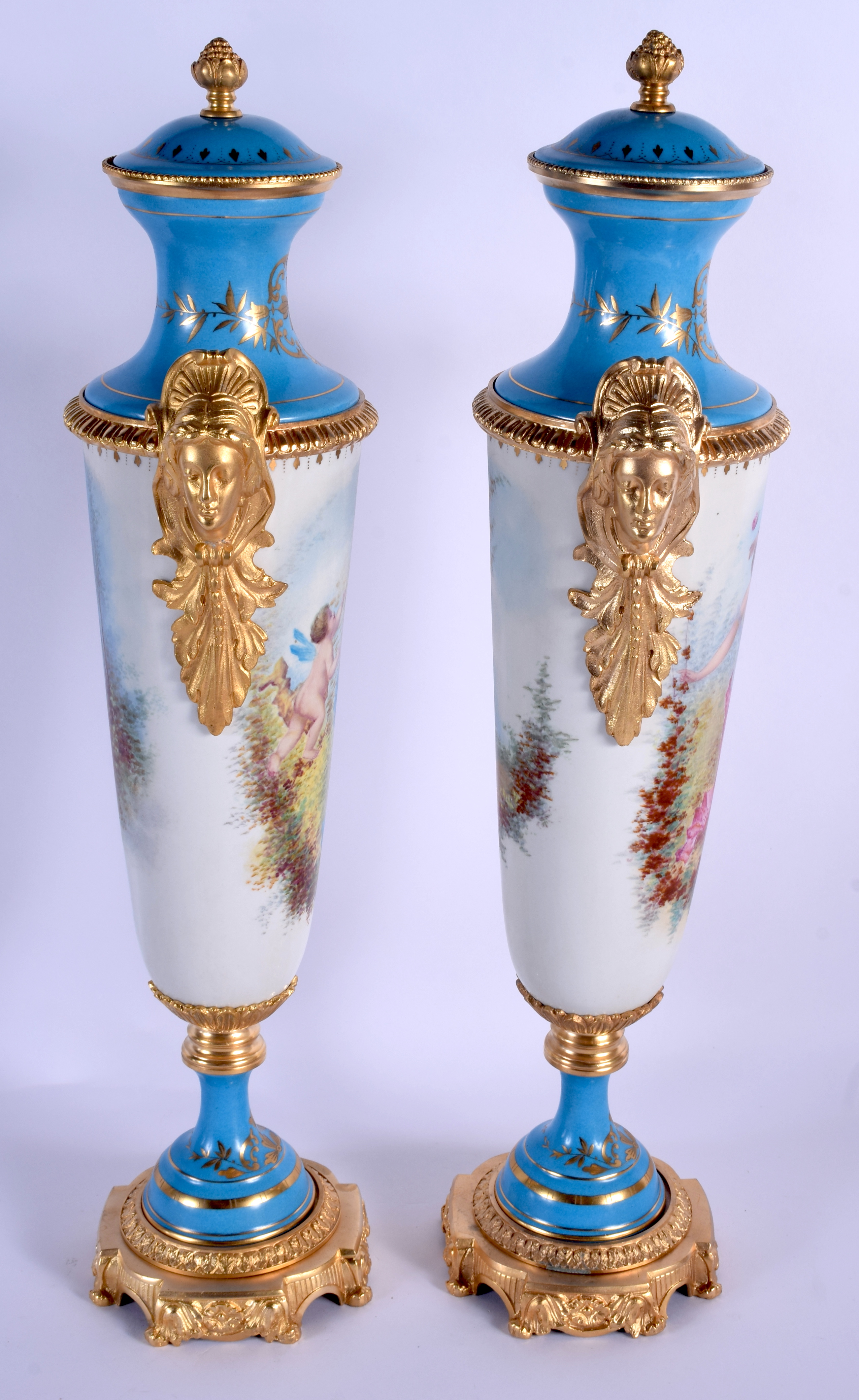 A LARGE PAIR OF CONTINENTAL SEVRES STYLE PORCELAIN VASES AND COVERS painted with figures within land - Image 4 of 5