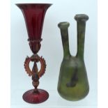 A LARGE VENETIAN RUBY GLASS GOBLET CUP together with an unusual twin green glass vessel. Largest 30