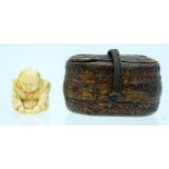A LATE 19TH CENTURY JAPANESE MEIJI PERIOD IVORY NETSUKE together with a small Japanese wooden box. L