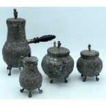 A 19TH CENTURY DUTCH FOUR PIECES SILVER TEASET decorate with foliage, urns and motifs. 1300 grams. L