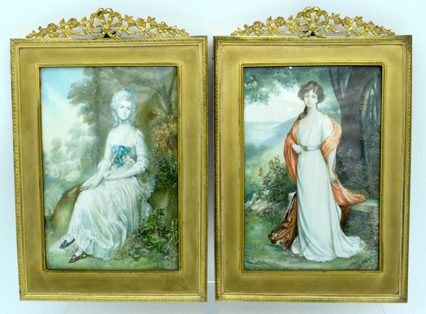 European School (19th Century) Pair of miniatures, Females within landscapes. Bone 20 cm x 14 cm.