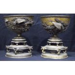 A LARGE PAIR OF 19TH CENTURY JAPANESE MEIJI PERIOD BRONZE VASES ON STANDS with unusual silver and go