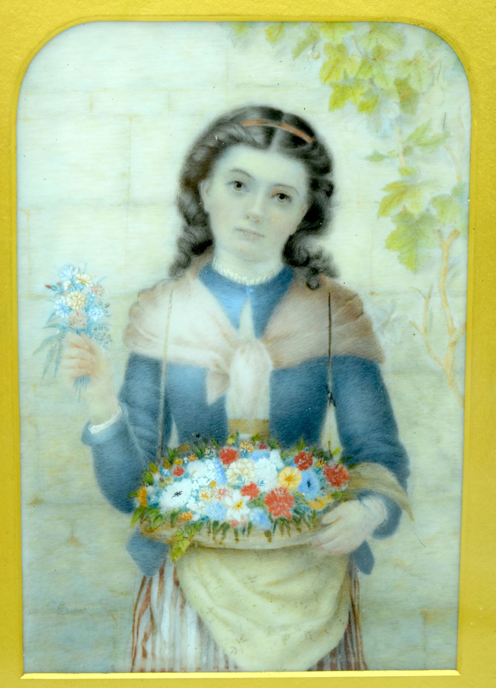 A LARGE 19TH CENTURY EUROPEAN PAINTED IVORY PORTRAIT MINIATURE modelled as a pretty female holding a - Image 2 of 3