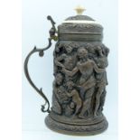 A VICTORIAN ELECTROTYPE EMBOSSED TANKARD by Elkington, Mason & Co, oval, profusely decorated with cl