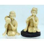 A PAIR OF 19TH CENTURY JAPANESE MEIJI PERIOD CARVED IVORY OKIMONO modelled as musicians. Largest 10