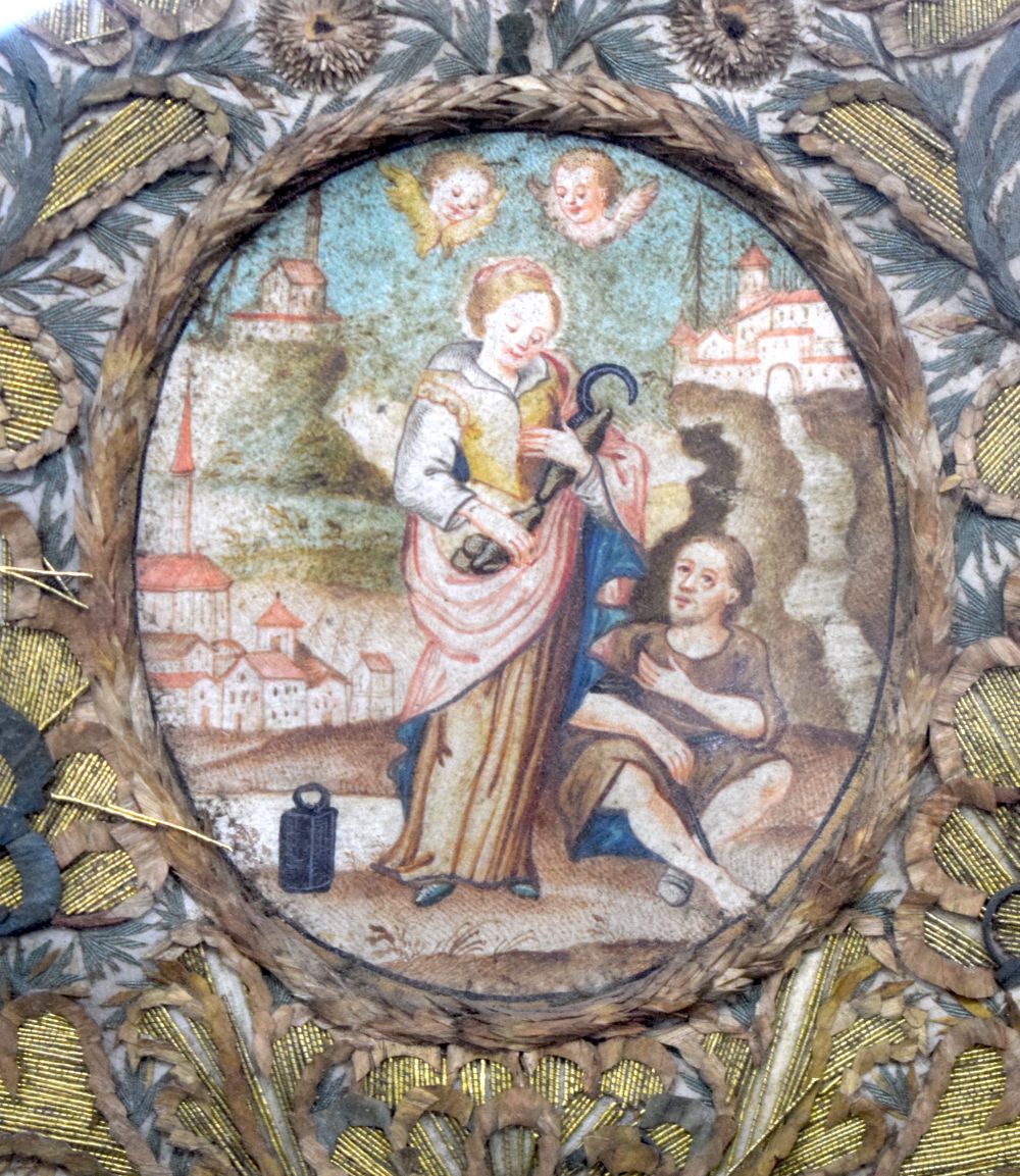 AN EARLY 18TH CENTURY EMBROIDERED ROLLED PAPER WATERCOLOUR LANDSCAPE depicting saints and putti with - Image 3 of 6