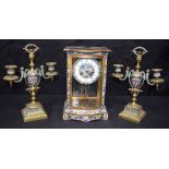 A EUROPEAN CHAMPLEVE ENAMEL CLOCK GARNITURE 27.5cm high