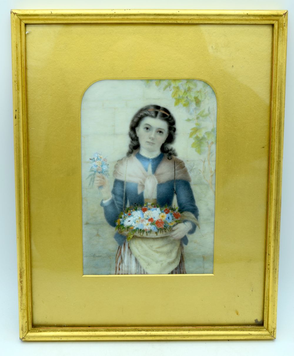 A LARGE 19TH CENTURY EUROPEAN PAINTED IVORY PORTRAIT MINIATURE modelled as a pretty female holding a