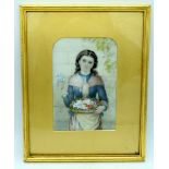 A LARGE 19TH CENTURY EUROPEAN PAINTED IVORY PORTRAIT MINIATURE modelled as a pretty female holding a