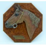 A CHARMING ART DECO COLD PAINTED BRONZE AND BURR WALNUT EQUESTRIAN PLAQUE Presented to Coronation St