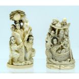A MATCHED PAIR OF 19TH CENTURY JAPANESE MEIJI PERIOD CARVED IVORY OKIMONO modelled with samurai and