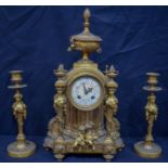 A LARGE MID 19TH CENTURY FRENCH ORMOLU MANTLE CLOCK, with a fawn and cherub seated beside two female