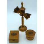 A RARE VICTORIAN TUNBRIDGEWARE AMERICAN MARKET WASHINGTON BOX together with a treen windmill & spice