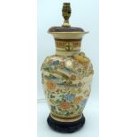 A LARGE EARLY 20TH CENTURY JAPANESE MEIJI PERIOD SATSUMA VASE converted to a lamp, overlaid with bir