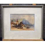 Continental School (19th Century) Watercolour, Peasants by the coast. Image 17 cm x 24 cm.