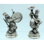 A PAIR OF EARLY 20TH CENTURY EUROPEAN SILVER FIGURES OF MUSICIANS modelled upon circular bases. 349