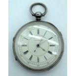 A 19TH CENTURY SILVER CENTRE SECONDS CHRONOGRAPH, with a cream dial by W.Keeley & Sons of London and