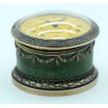 A RARE EARLY 19TH CENTURY FRENCH SILVER AND SHAGREEN DESK CLOCK, by Bointaburet of Paris. 7.5cm diam